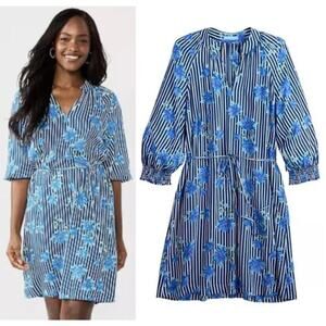 Draper James XS Blue Striped Floral Tie Waist Dress Cottagecore